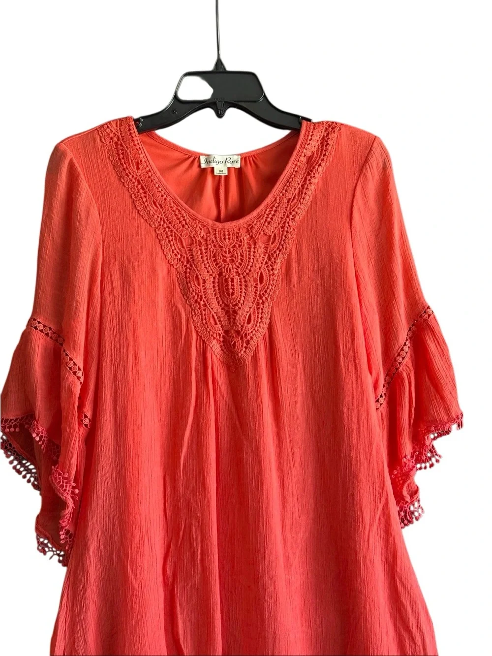 Indigo Rose Coral Crochet V-Neck Boho Tunic Dress. Size Medium